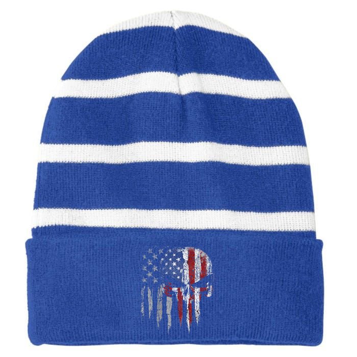 4th Of July For Women American Flag Skull Skeleton Striped Beanie with Solid Band