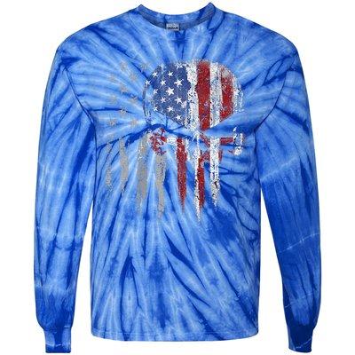 4th Of July For Women American Flag Skull Skeleton Tie-Dye Long Sleeve Shirt