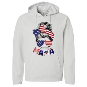 4th Of July American Mama Messy Bun Mom Life Patriotic Mom Performance Fleece Hoodie