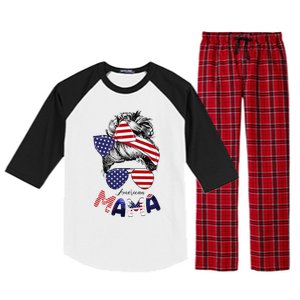 4th Of July American Mama Messy Bun Mom Life Patriotic Mom Raglan Sleeve Pajama Set