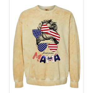 4th Of July American Mama Messy Bun Mom Life Patriotic Mom Colorblast Crewneck Sweatshirt