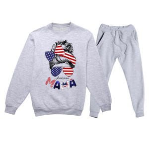 4th Of July American Mama Messy Bun Mom Life Patriotic Mom Premium Crewneck Sweatsuit Set