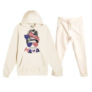 4th Of July American Mama Messy Bun Mom Life Patriotic Mom Premium Hooded Sweatsuit Set