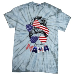 4th Of July American Mama Messy Bun Mom Life Patriotic Mom Tie-Dye T-Shirt