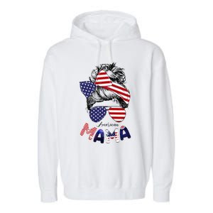 4th Of July American Mama Messy Bun Mom Life Patriotic Mom Garment-Dyed Fleece Hoodie