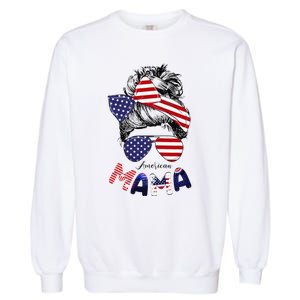 4th Of July American Mama Messy Bun Mom Life Patriotic Mom Garment-Dyed Sweatshirt