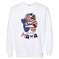 4th Of July American Mama Messy Bun Mom Life Patriotic Mom Garment-Dyed Sweatshirt