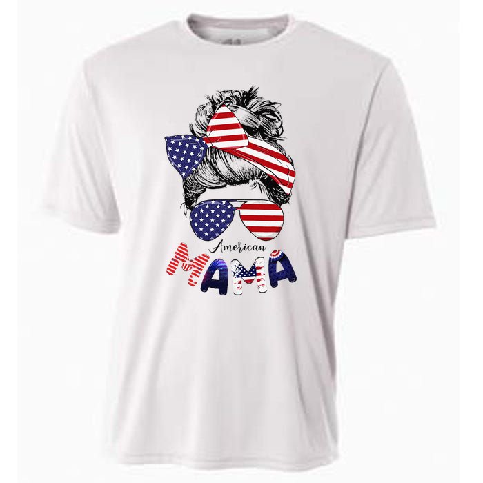 4th Of July American Mama Messy Bun Mom Life Patriotic Mom Cooling Performance Crew T-Shirt