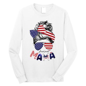 4th Of July American Mama Messy Bun Mom Life Patriotic Mom Long Sleeve Shirt