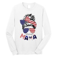 4th Of July American Mama Messy Bun Mom Life Patriotic Mom Long Sleeve Shirt