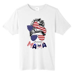 4th Of July American Mama Messy Bun Mom Life Patriotic Mom Tall Fusion ChromaSoft Performance T-Shirt