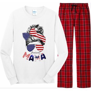 4th Of July American Mama Messy Bun Mom Life Patriotic Mom Long Sleeve Pajama Set