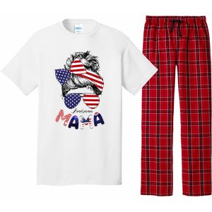 4th Of July American Mama Messy Bun Mom Life Patriotic Mom Pajama Set