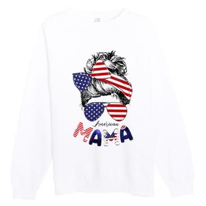 4th Of July American Mama Messy Bun Mom Life Patriotic Mom Premium Crewneck Sweatshirt