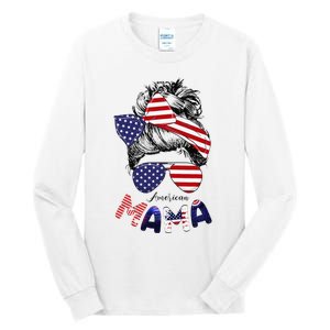 4th Of July American Mama Messy Bun Mom Life Patriotic Mom Tall Long Sleeve T-Shirt