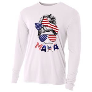 4th Of July American Mama Messy Bun Mom Life Patriotic Mom Cooling Performance Long Sleeve Crew