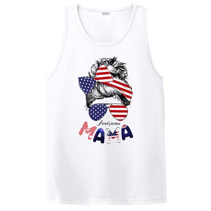 4th Of July American Mama Messy Bun Mom Life Patriotic Mom PosiCharge Competitor Tank