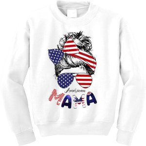 4th Of July American Mama Messy Bun Mom Life Patriotic Mom Kids Sweatshirt