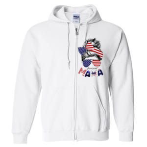 4th Of July American Mama Messy Bun Mom Life Patriotic Mom Full Zip Hoodie