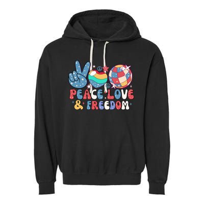 4th Of July Retro Peace Love & Freedom Gift Garment-Dyed Fleece Hoodie