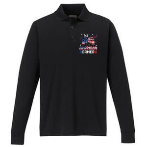 4th Of July All American Gamer Flag Performance Long Sleeve Polo