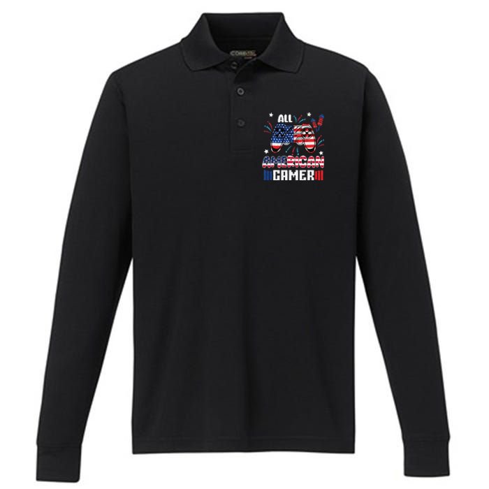 4th Of July All American Gamer Flag Performance Long Sleeve Polo