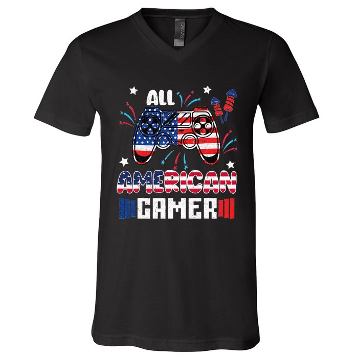 4th Of July All American Gamer Flag V-Neck T-Shirt