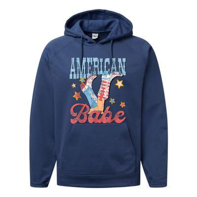 4th Of July Western Cowgirl Boots Retro American Girl Babe Gift Performance Fleece Hoodie