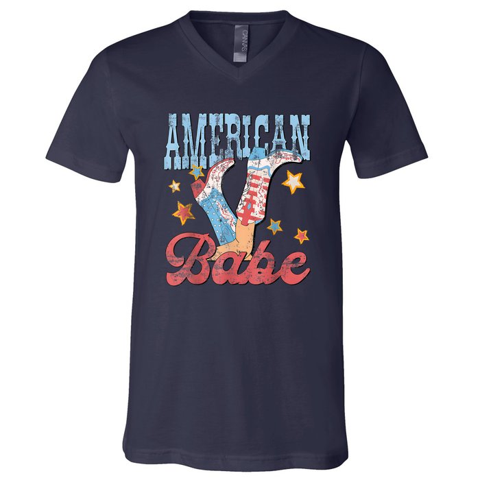 4th Of July Western Cowgirl Boots Retro American Girl Babe Gift V-Neck T-Shirt