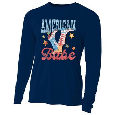 4th Of July Western Cowgirl Boots Retro American Girl Babe Gift Cooling Performance Long Sleeve Crew