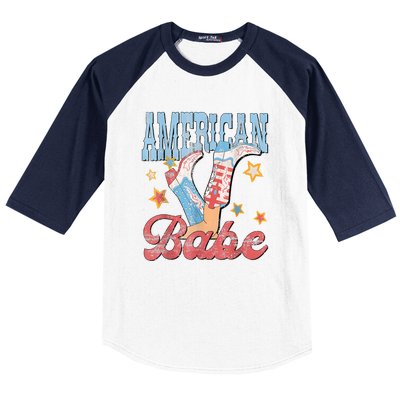 4th Of July Western Cowgirl Boots Retro American Girl Babe Gift Baseball Sleeve Shirt