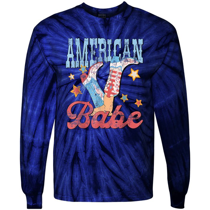 4th Of July Western Cowgirl Boots Retro American Girl Babe Gift Tie-Dye Long Sleeve Shirt