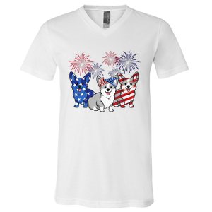 4th Of July American Flag Corgi Patriotic Dog V-Neck T-Shirt