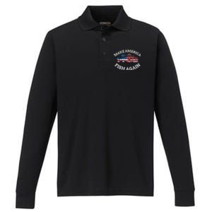 4th of July Fishing American Flag Make America Fish Again Performance Long Sleeve Polo