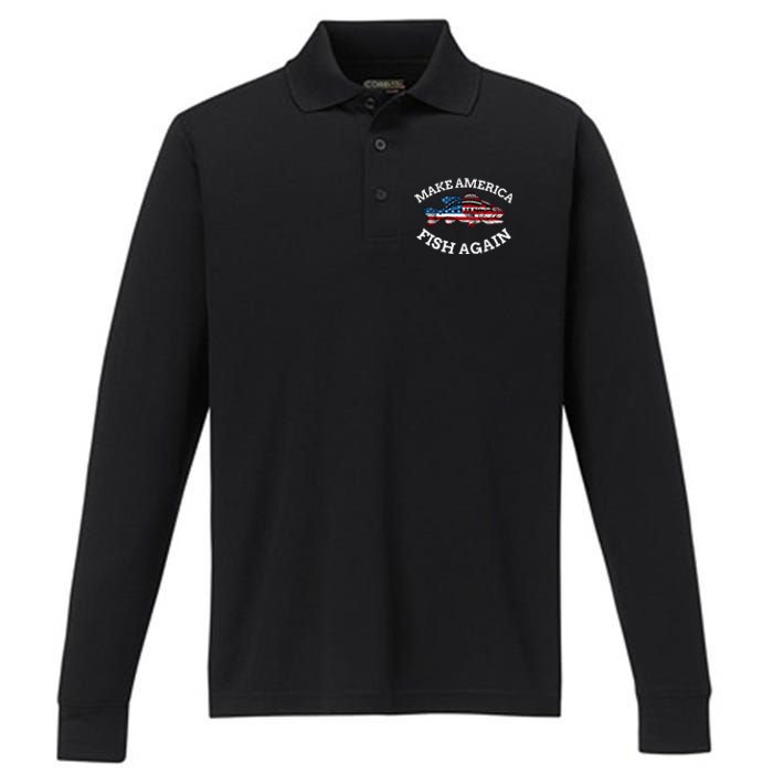 4th of July Fishing American Flag Make America Fish Again Performance Long Sleeve Polo