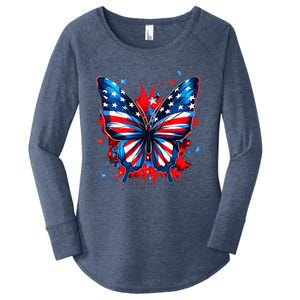 4th Of July Butterfly USA Flag Cute American Women's Perfect Tri Tunic Long Sleeve Shirt