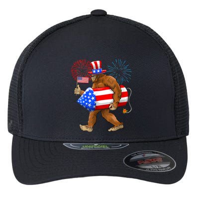 4th Of July Bigfoot American Flag Fireworks Sasquatch Flexfit Unipanel Trucker Cap