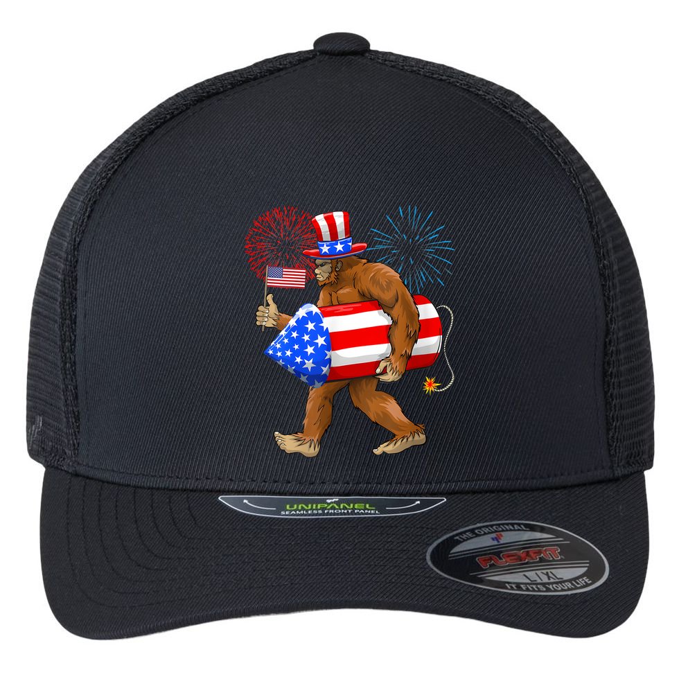 4th Of July Bigfoot American Flag Fireworks Sasquatch Flexfit Unipanel Trucker Cap