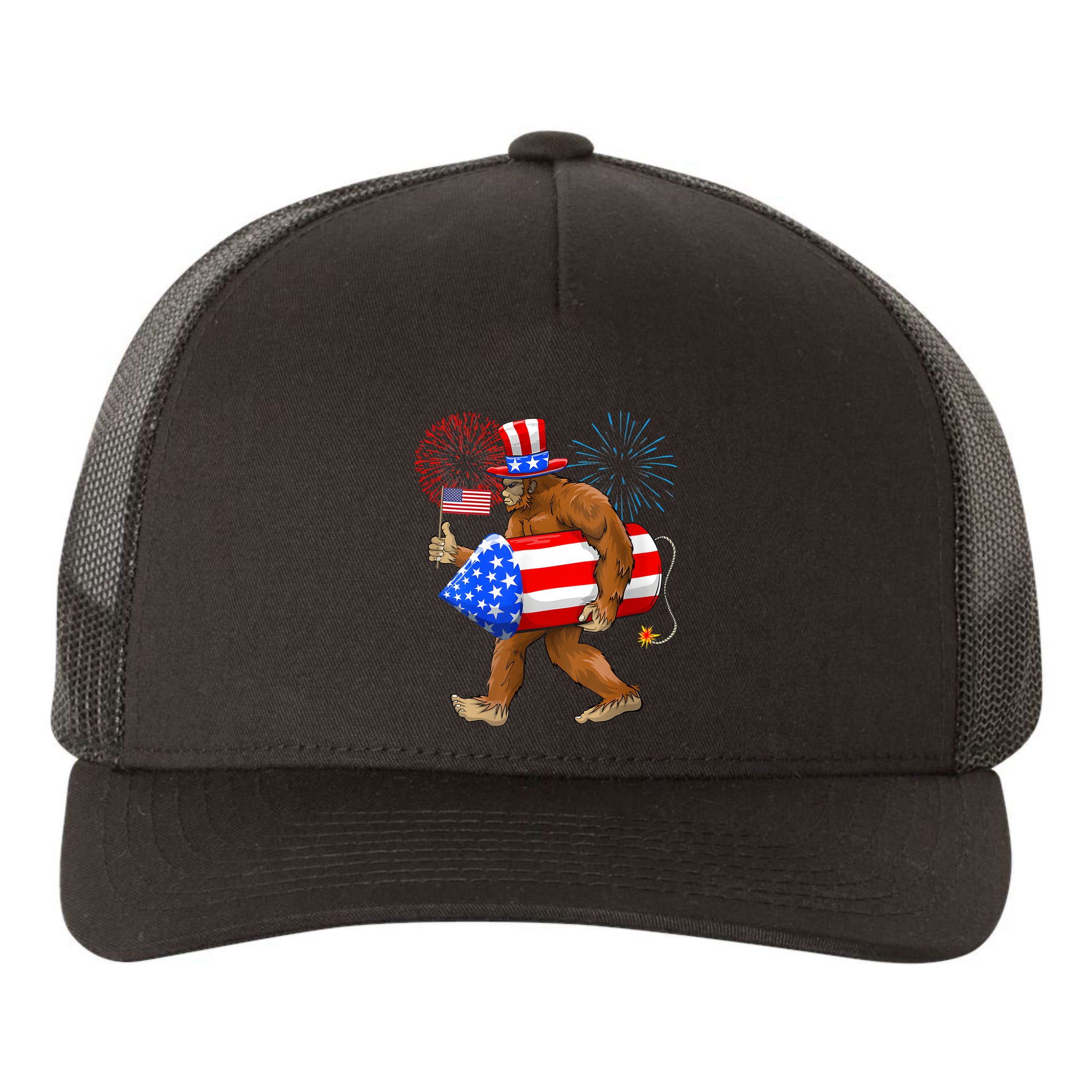 4th Of July Bigfoot American Flag Fireworks Sasquatch Yupoong Adult 5-Panel Trucker Hat