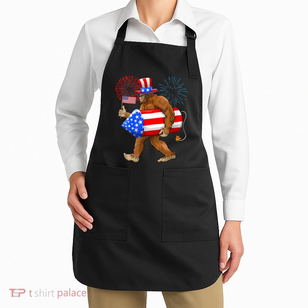 4th Of July Bigfoot American Flag Fireworks Sasquatch Apron