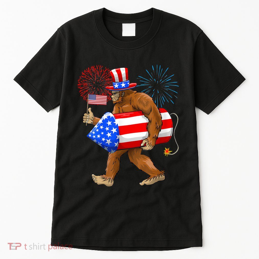 4th Of July Bigfoot American Flag Fireworks Sasquatch Tall T-Shirt