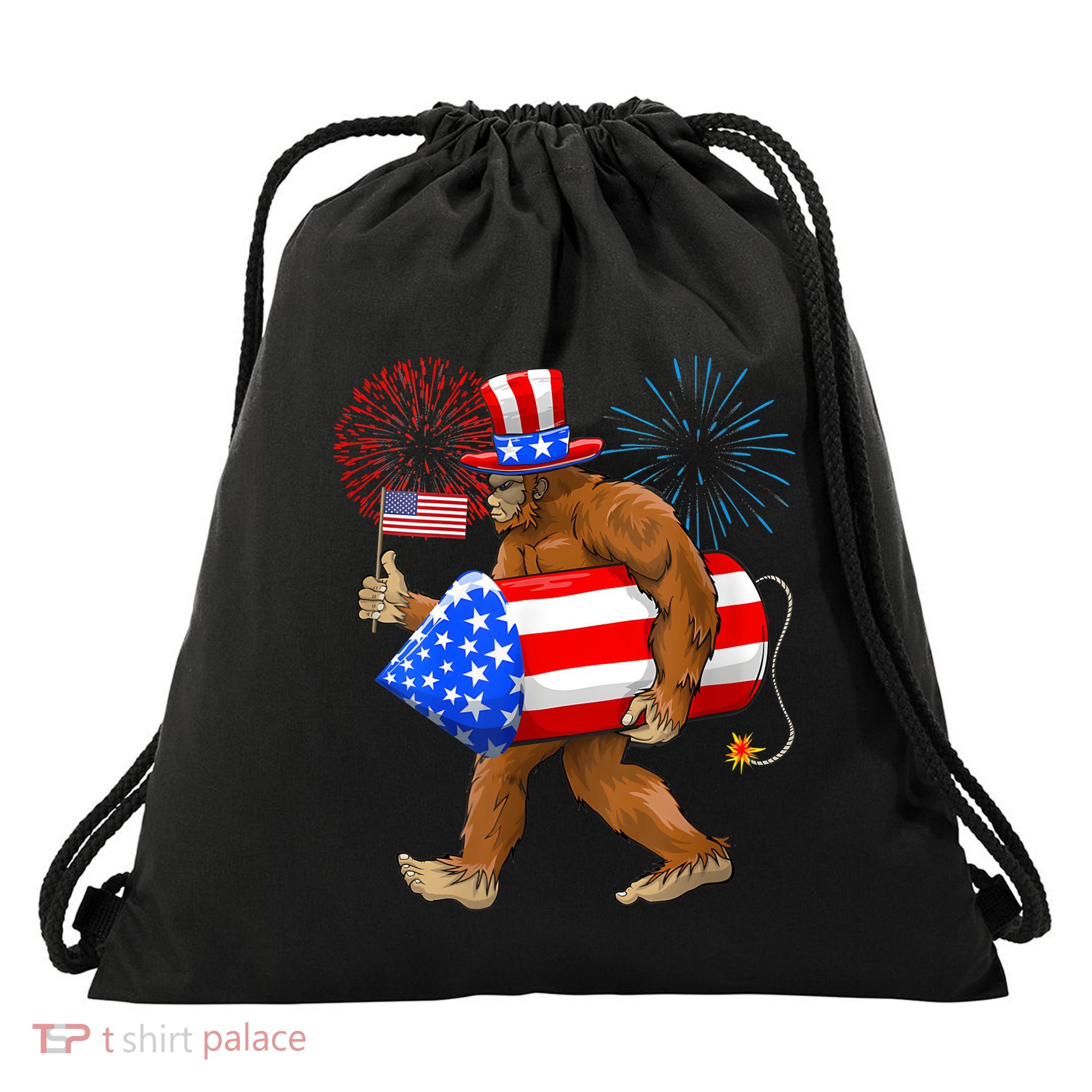 4th Of July Bigfoot American Flag Fireworks Sasquatch Drawstring Bag