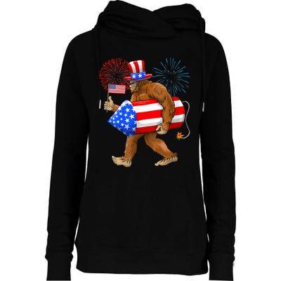 4th Of July Bigfoot American Flag Fireworks Sasquatch Womens Funnel Neck Pullover Hood