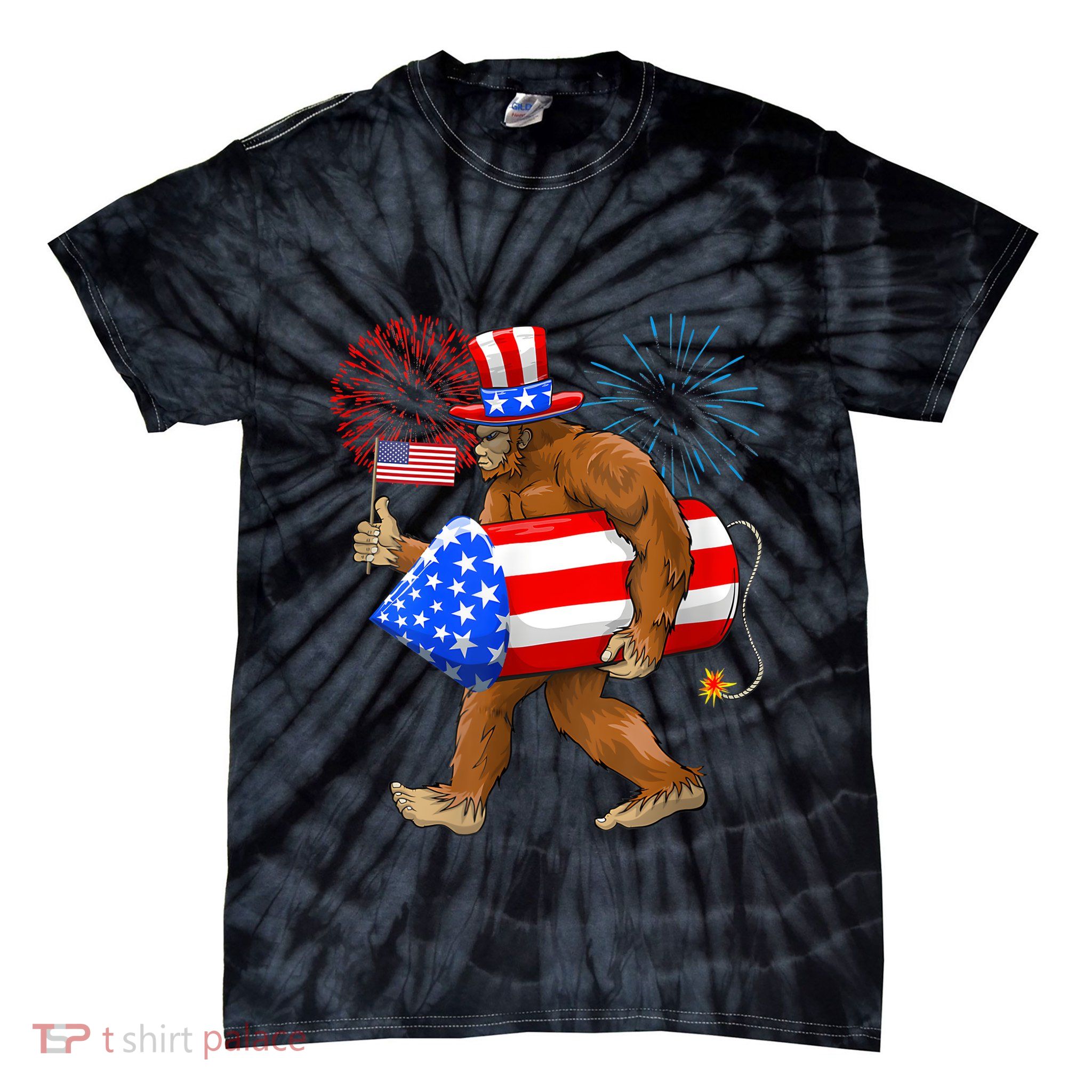 4th Of July Bigfoot American Flag Fireworks Sasquatch Tie-Dye T-Shirt