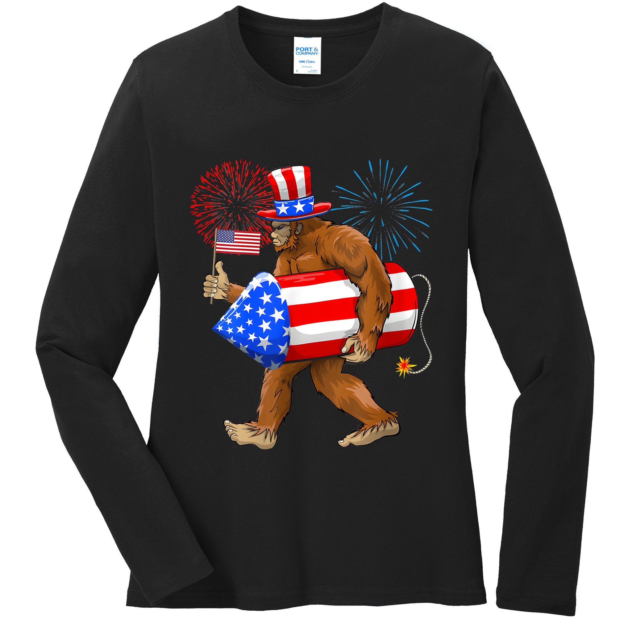 4th Of July Bigfoot American Flag Fireworks Sasquatch Ladies Long Sleeve Shirt