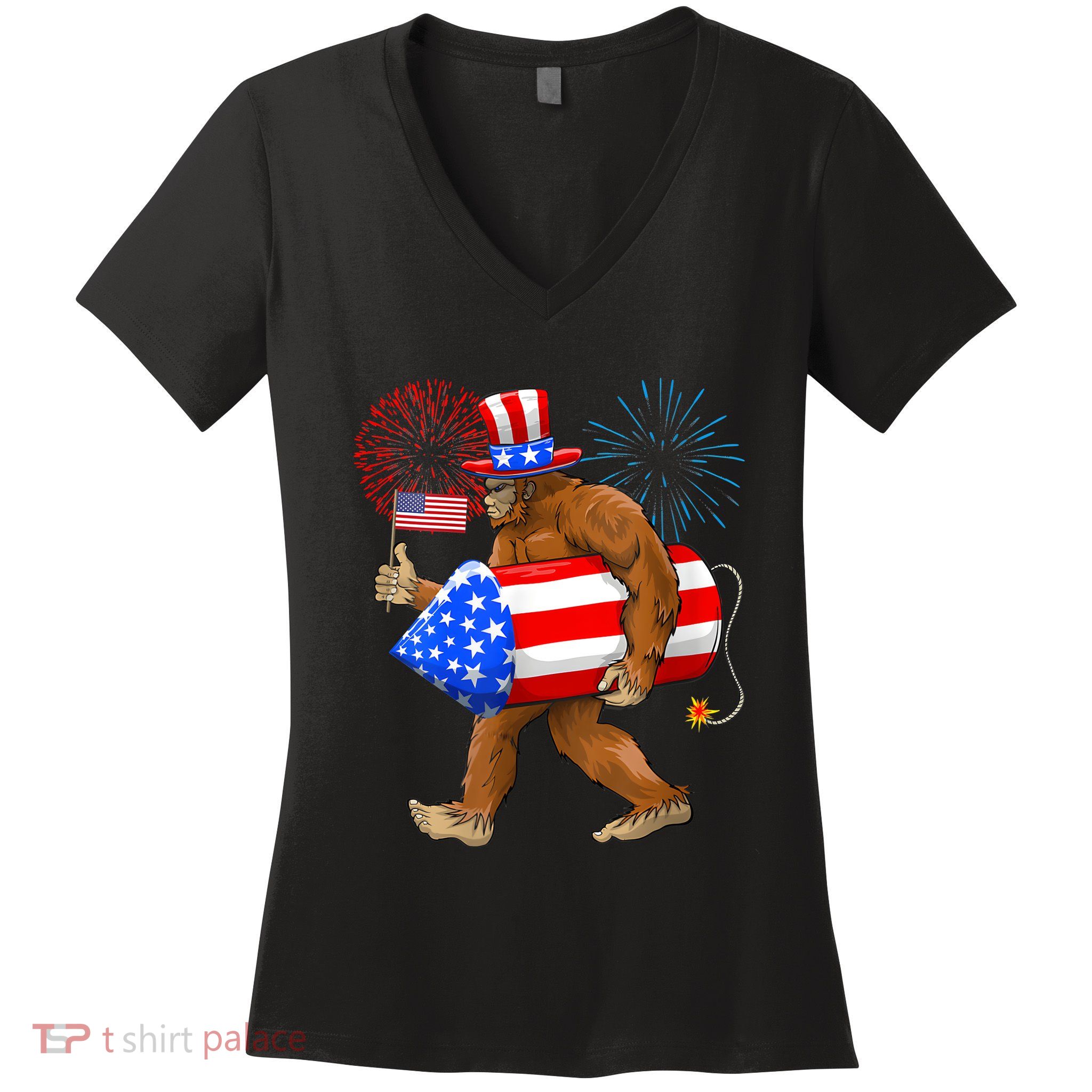 4th Of July Bigfoot American Flag Fireworks Sasquatch Women's V-Neck T-Shirt
