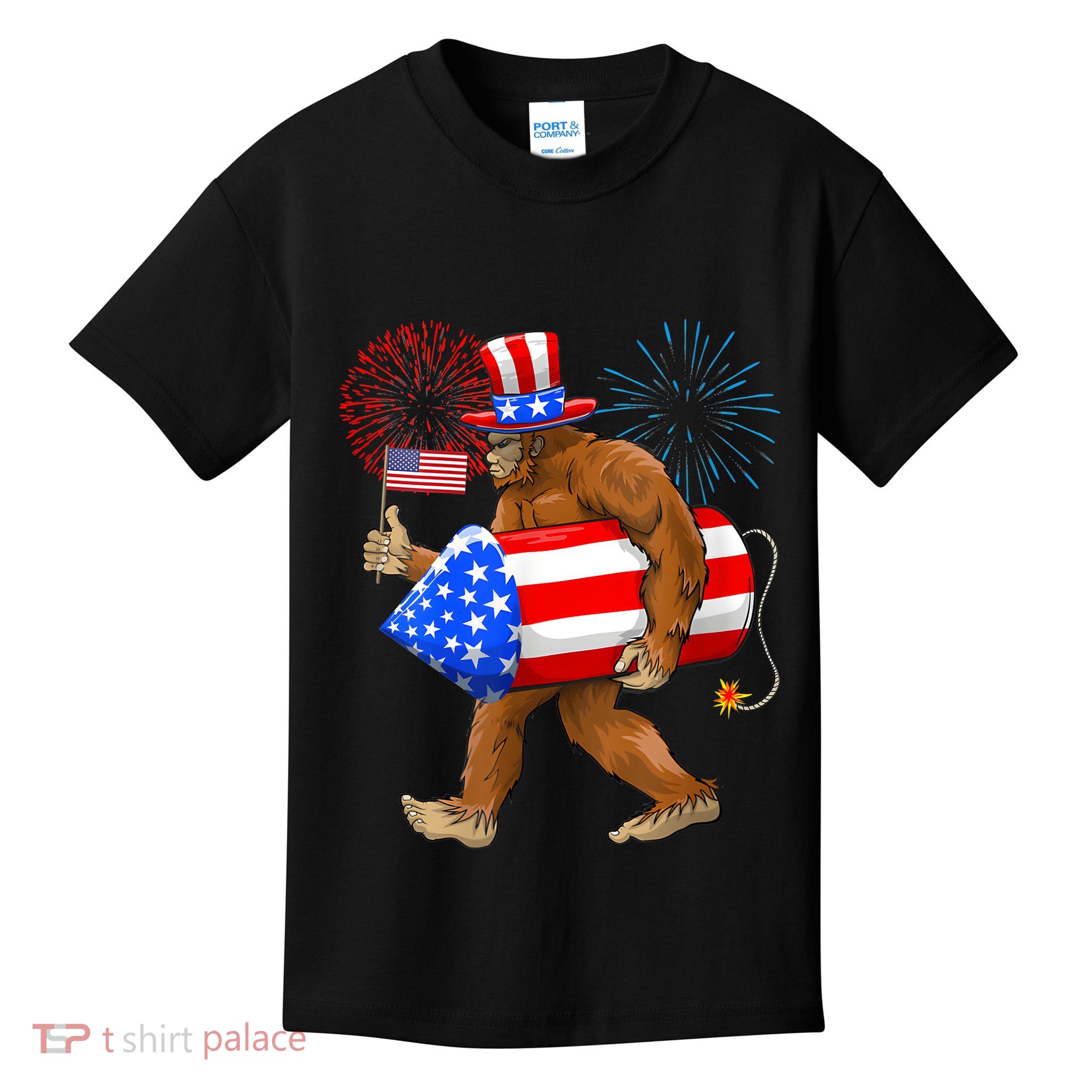 4th Of July Bigfoot American Flag Fireworks Sasquatch Kids T-Shirt