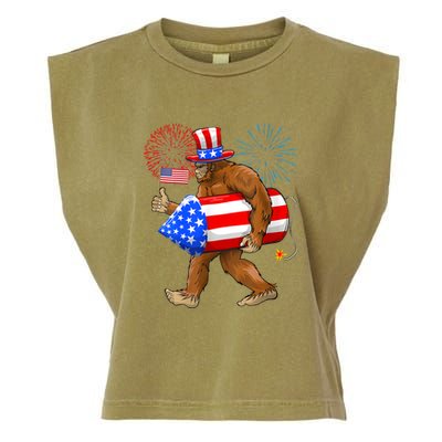 4th Of July Bigfoot American Flag Fireworks Sasquatch Garment-Dyed Women's Muscle Tee