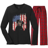 4th Of July Labrador American Flag Patriotic Chocolate Lab Women's Long Sleeve Flannel Pajama Set 