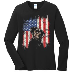 4th Of July Labrador American Flag Patriotic Chocolate Lab Ladies Long Sleeve Shirt